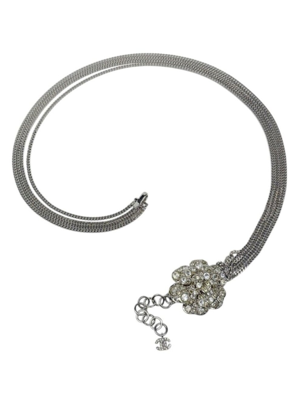 Chanel Belt CC Logo Chain Flower Stamp Silver Plated Rhinestone